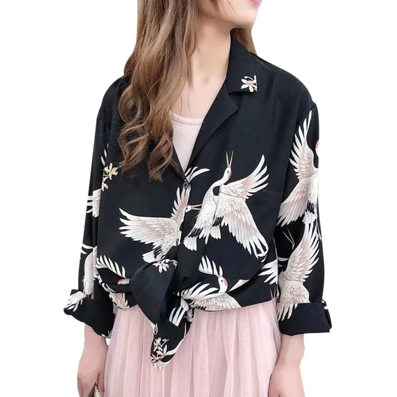 Женская блузка с длинным рукавом и принтом Журавля, Весенняя модная женская Свободная рубашка в стиле Харадзюку С v-образным вырезом, Женская Повседневная Длинная блузка - Цвет: 2