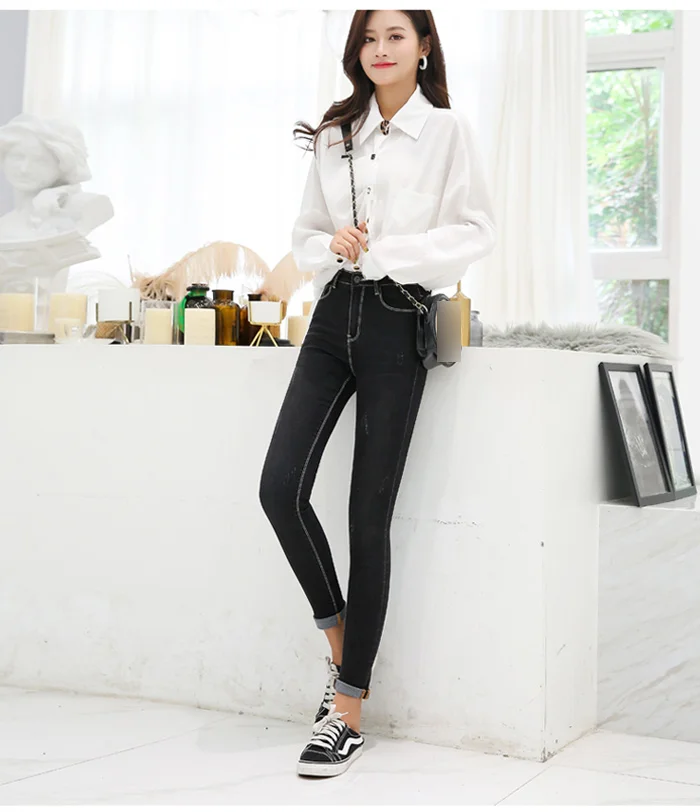 Новая Осенняя коллекция, Размеры Высокая талия женские джинсы в Корейском стиле версия была тонкой MM200 фунтов облегающие штаны
