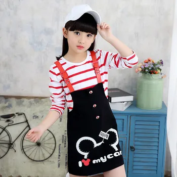 

4-10 Years Girls Clothing Sets Summer Children Cotton Cartoon T-shirt And Strap Dress Suit Fashion Teenager Kids Clothes Set