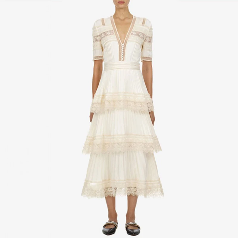 

High Quality Elegant Women Luxury Designing Sexy V-neck Lace Patchwork Long Layers Runway Summer Dress High Quality