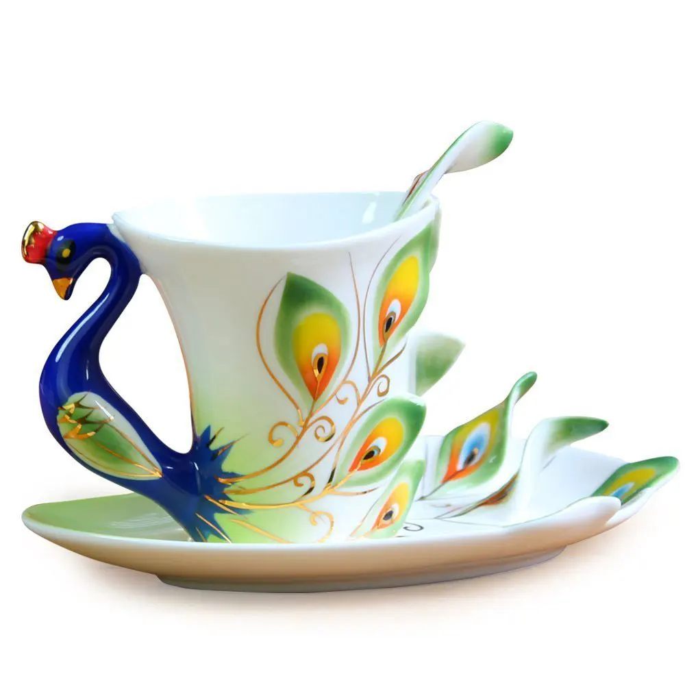3D кофейная кружка павлин с блюдцем, набор ложек, креативные китайские керамические чайные чашки 200 мл, домашняя коллекция, подарки на свадьбу, день рождения - Цвет: Зеленый