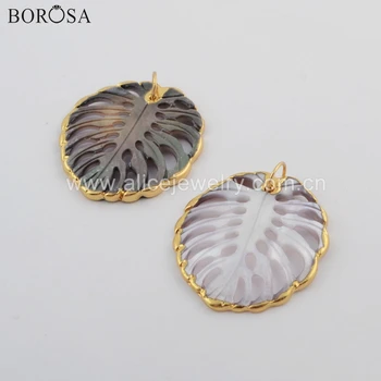 

BOROSA Design 10PCS Wholesale Gold Plating Leaf Hollow Rainbow Shell Charm Natural Shell Slice Pendant for Necklace Making G1774