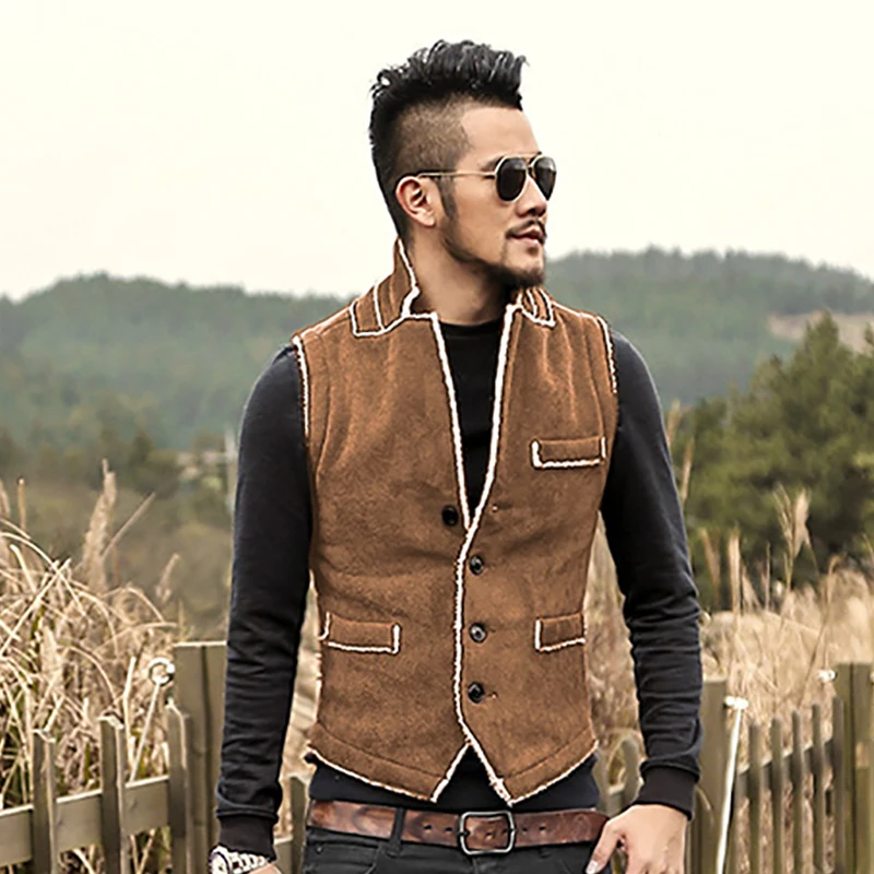 Casual Men Brown Vest Slim Fit cotton Waistcoat Winter Warm Men single