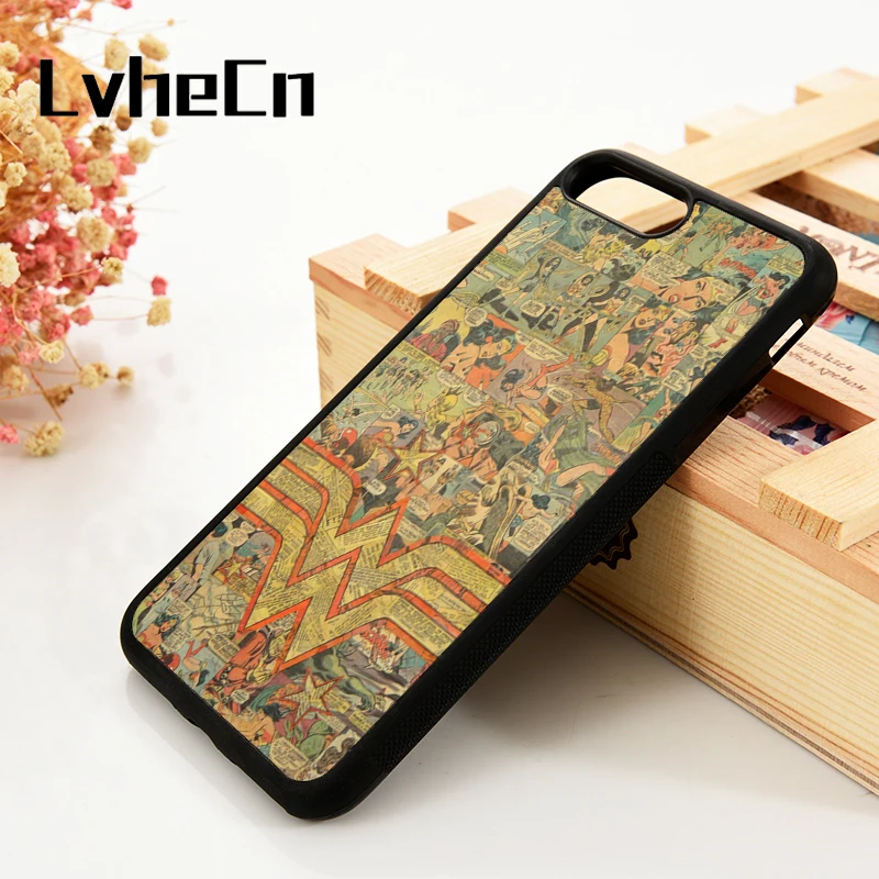 

LvheCn 5 5S SE 6 6S Phone Cover Cases For iPhone 7 8 PLUS X Xs Max XR Soft Silicone Rubber Wonder Woman Logo DC Comics Collage