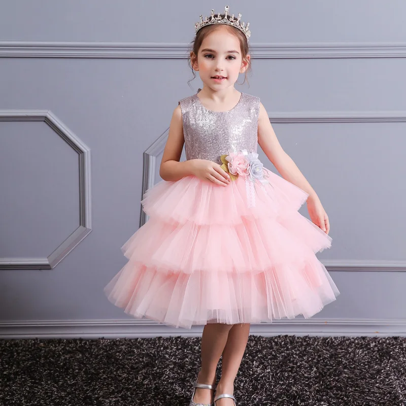 Нарядное фатиновое платье принцессы с цветами и блестками для девочек; цвет шампанского, серый, розовый, фиолетовый детское платье для вечеринки, дня рождения, свадьбы От 3 до 12 лет; BW011