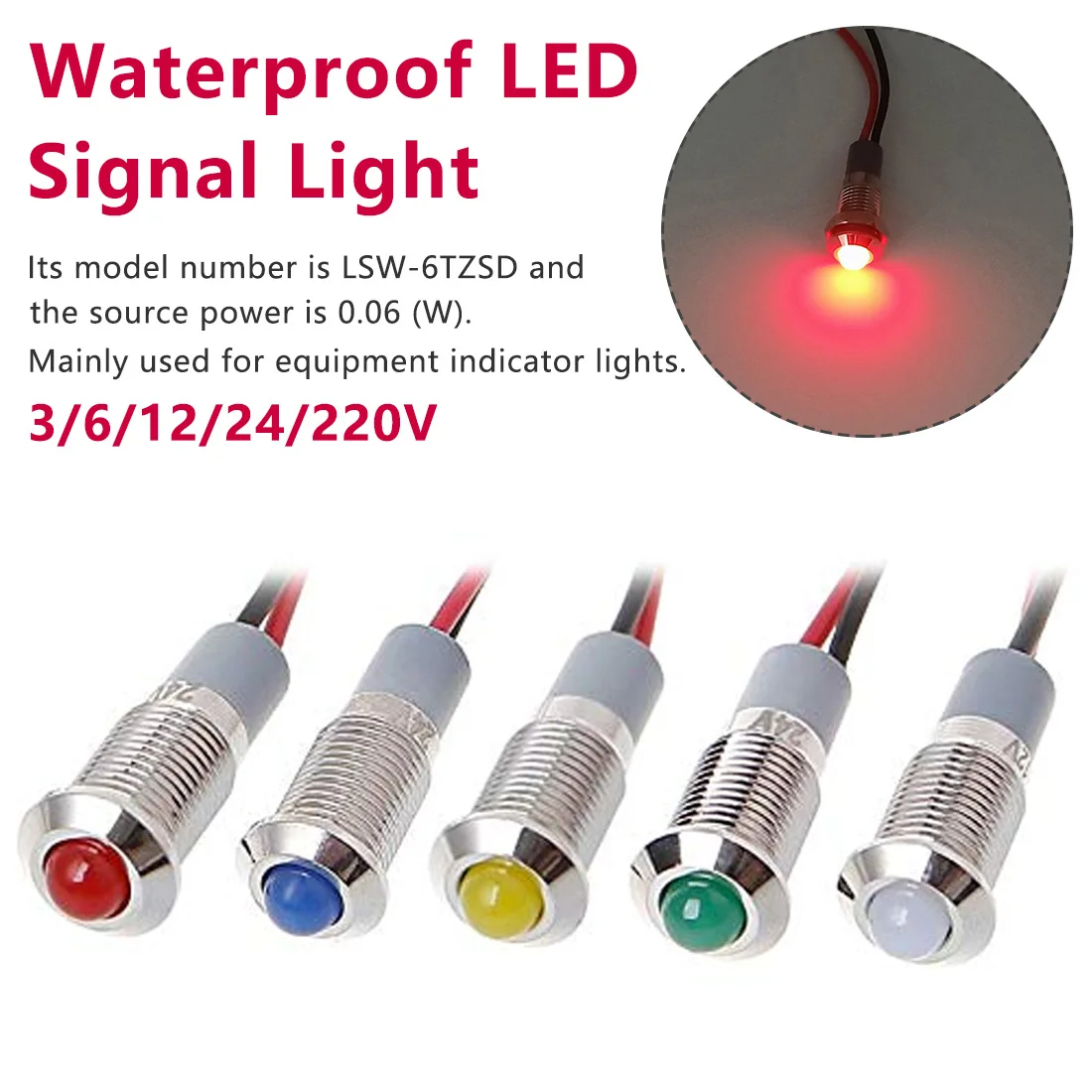 

3V 6V 12V 24V 220V LED Warning Indicator Light Mounting hole 8mm Waterproof Metal Signal Lamp Pilot Wire