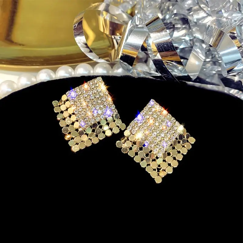 

Simple Rhinestone Earrings Women Fashion Gold Square Wild Earring Charming Elegant Lady Jewelry