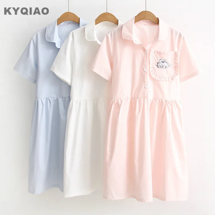 KYQIAO summer style cute pink white blue embroidery