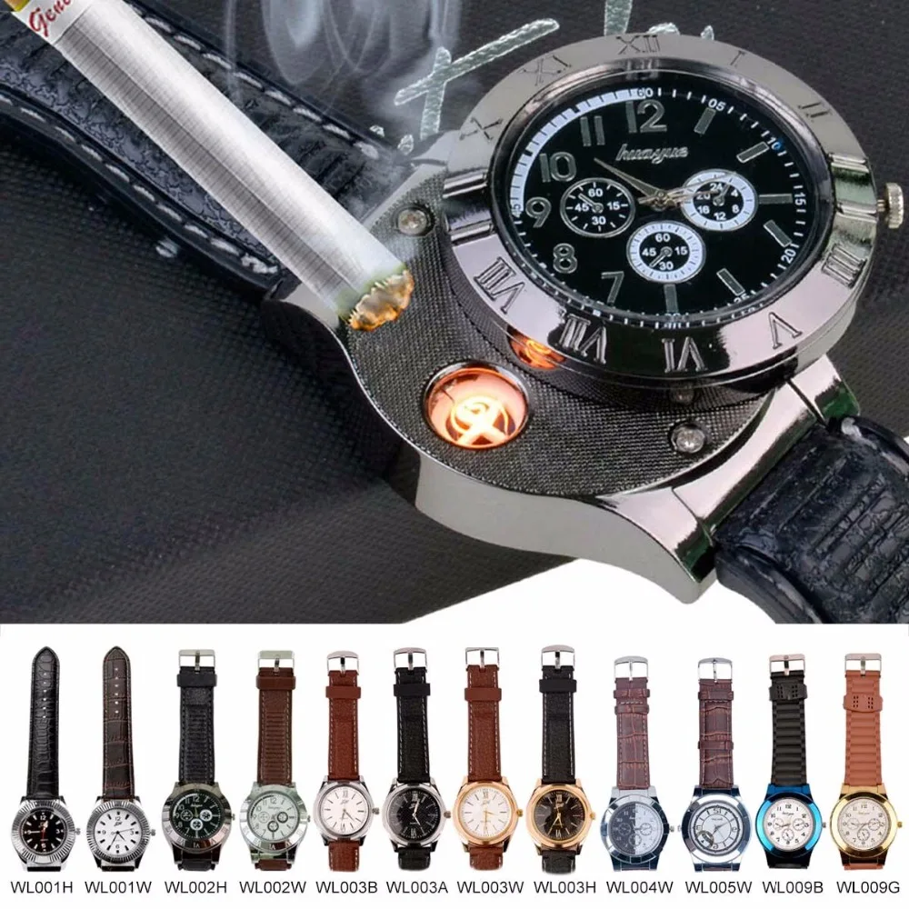 Koop 2017 Hot Luxe Merk Top Casual USB Oplaadbare Vrouwen Horloge mannen Sport Militaire Quartz horloge met Vlamloze Sigaar lichter 50