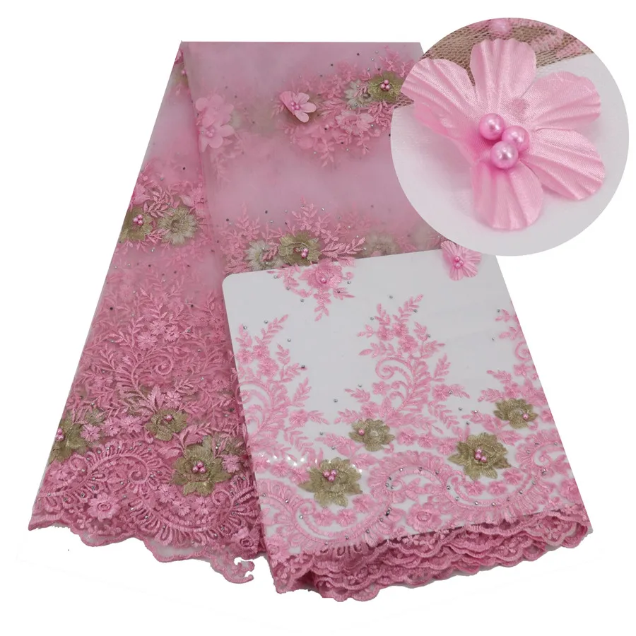

Pink African Laces Embroidered Nigerian Laces Fabric High Quality Dubai French Mesh Lace Fabric 5 Yards Free Shipping