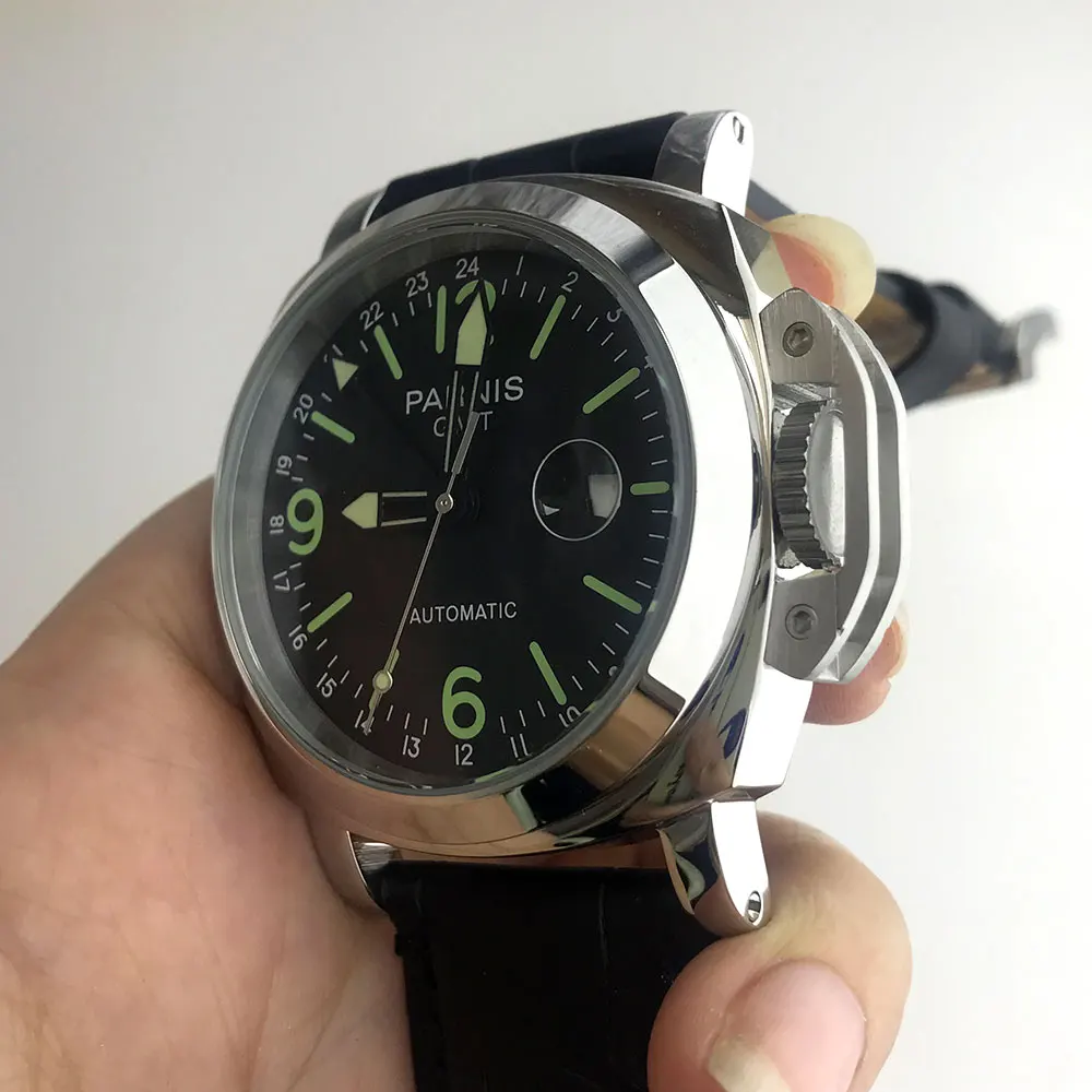 Часы parnis 44 мм GMT Мужские автоматические часы из нержавеющей стали с