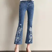 Новые модные весенние брюки с вышивкой Женские повседневные джинсы из денима капри женские плюс размер хлопок смесь Высокая талия ealstic tyn0920