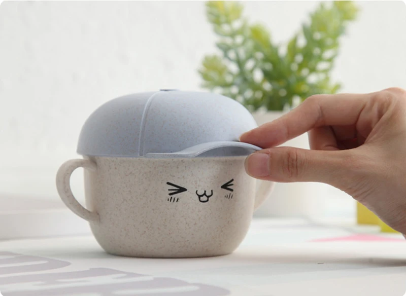 2pcs Baby Wheat Straw Bowl Cartoon Children Food Tableware Set Bamboo Eco-friendly Kids Dinner Plate Spoon Training Bowl BB5143 (2)