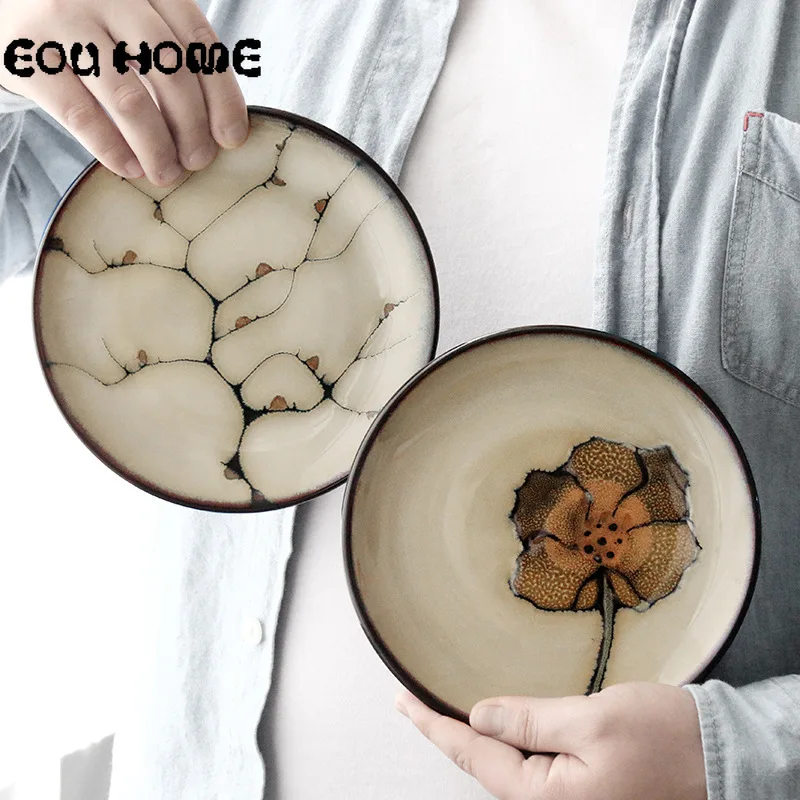 

Japanese Tableware Ceramic Dinner Plates Creative Hand Drawing Home Dining Tray Cake Nut Snack Fruit Dish Steak Decoration Dish