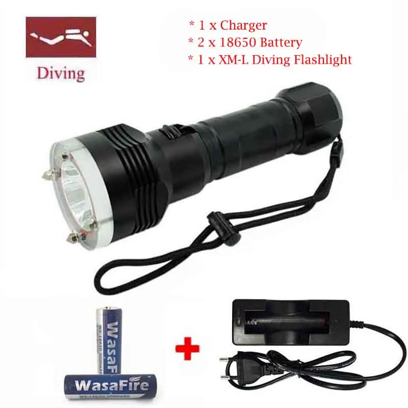 

New LED Diving Torch attack head Flashlight 5000Lumen XM-L2 LED 100m Underwater Lamp diving Flashlight +18650 Battery+Charger