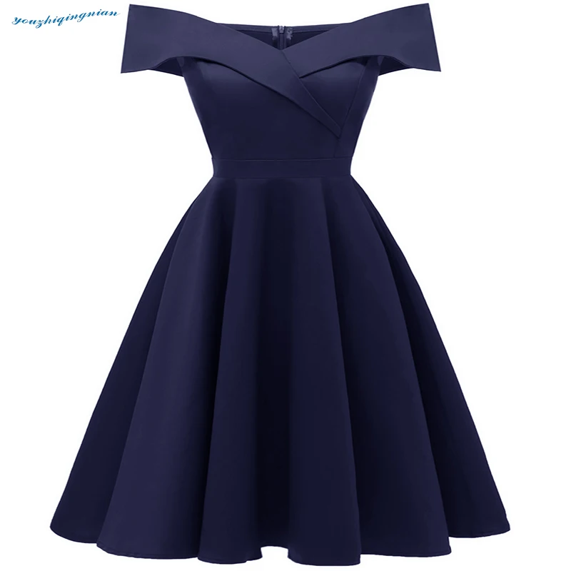 

Fall 2018 new one-necked cape sleeve vintage upscale navy blue dress