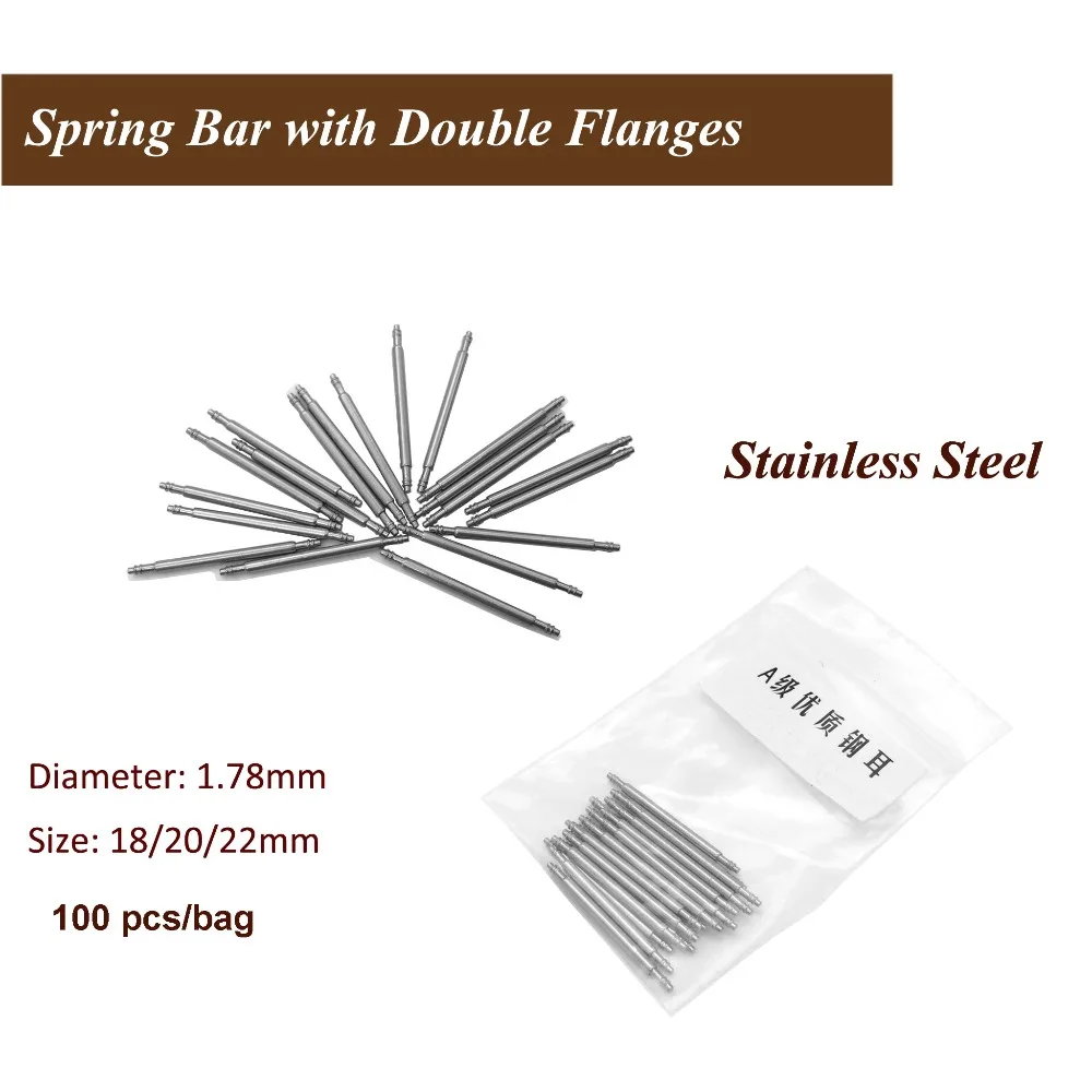 

100 pcs Stainless Steel Double Flanges 18-22mm Watch Band Spring Bars Strap Link Pins Tool Deal for Watchmaker