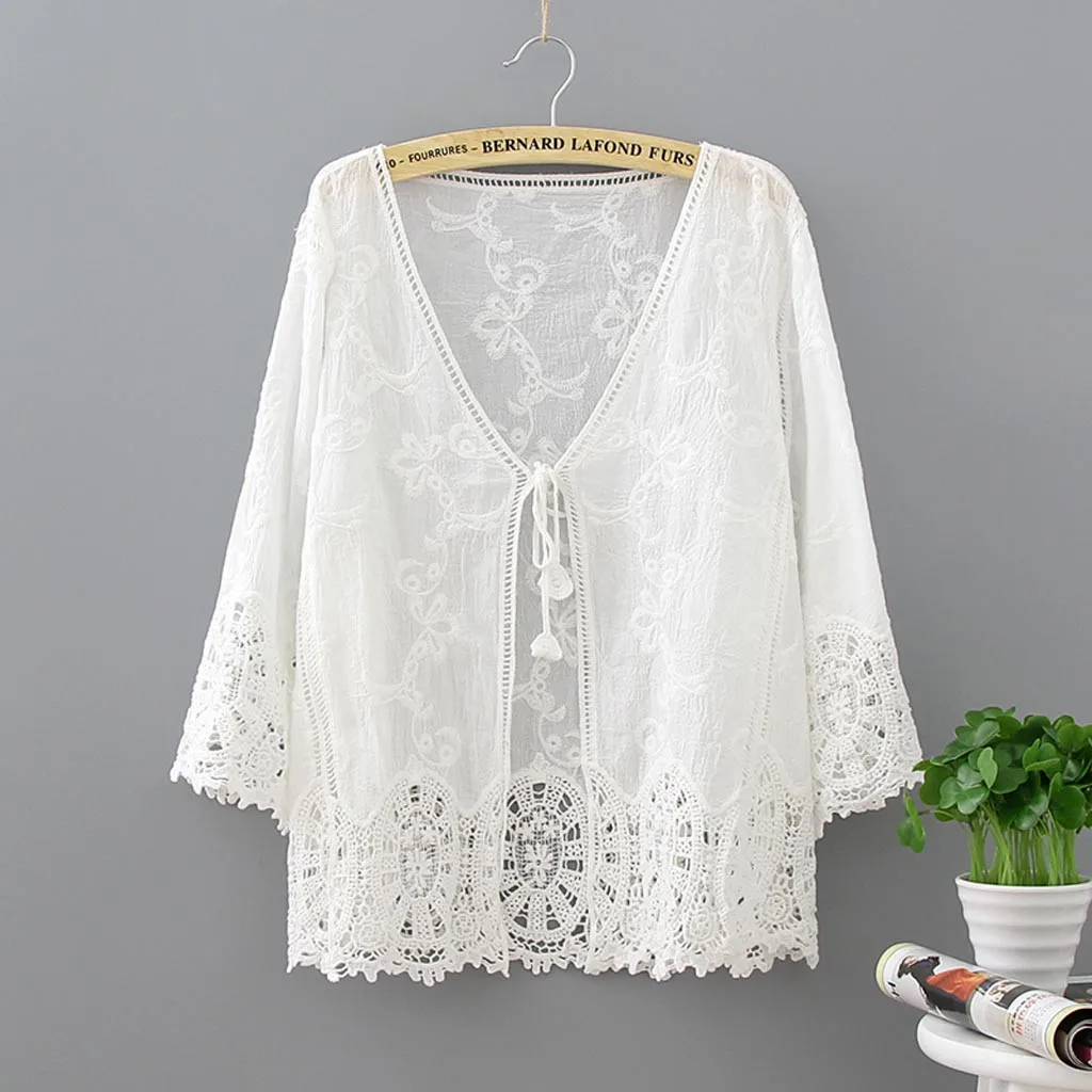 

YOUYEDIAN Large Size Tunic Shirt Women Summer Crocheted Hollow Blouse Sunscreen V-Neck Embroidery Blouse blusas mujer de moda