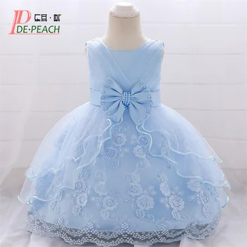 

DE PEACH 2019 Summer Cute Bow Infant Baby Girl Embroidery Lace Tutu Party Wedding Dress Kids Princess Baptism Dress Baby Clothes