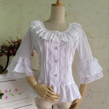 

Summer women short white shirts Ladies lace Chiffon shirts Ruffled formal office blouse lolita costume