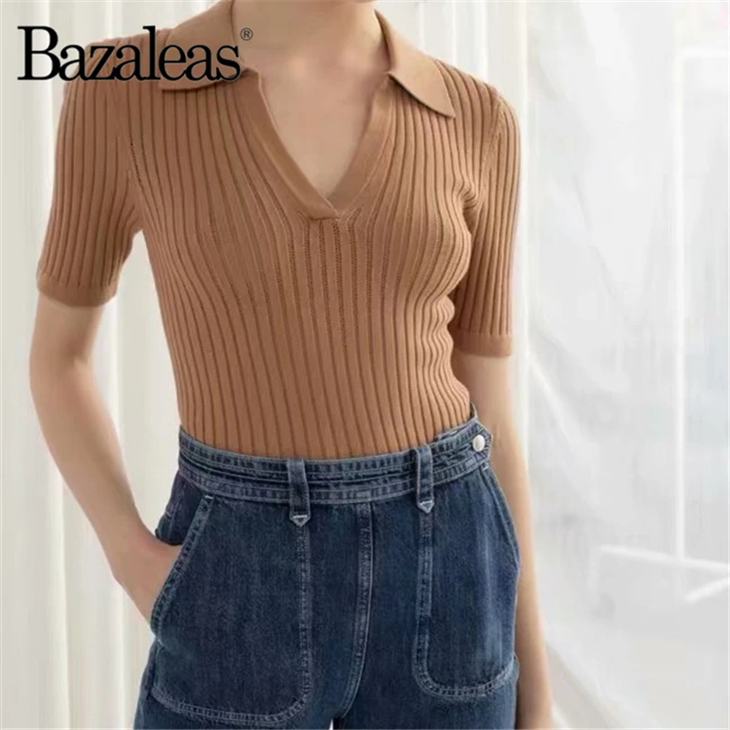 Bazaleas Fashion Women T-shirt Knitted Slim tshirt France V neck harajuku t shirt Casual Basic women Vintage tops drop shipping