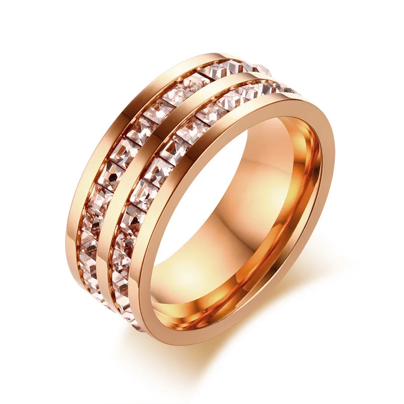 Vnox двойные ряда CZ камни Кольцо для женщин элегантное розовое золото цвет нержавеющая сталь обручальное кольцо женский союз ювелирные изделия - Цвет основного камня: Rose Gold Color