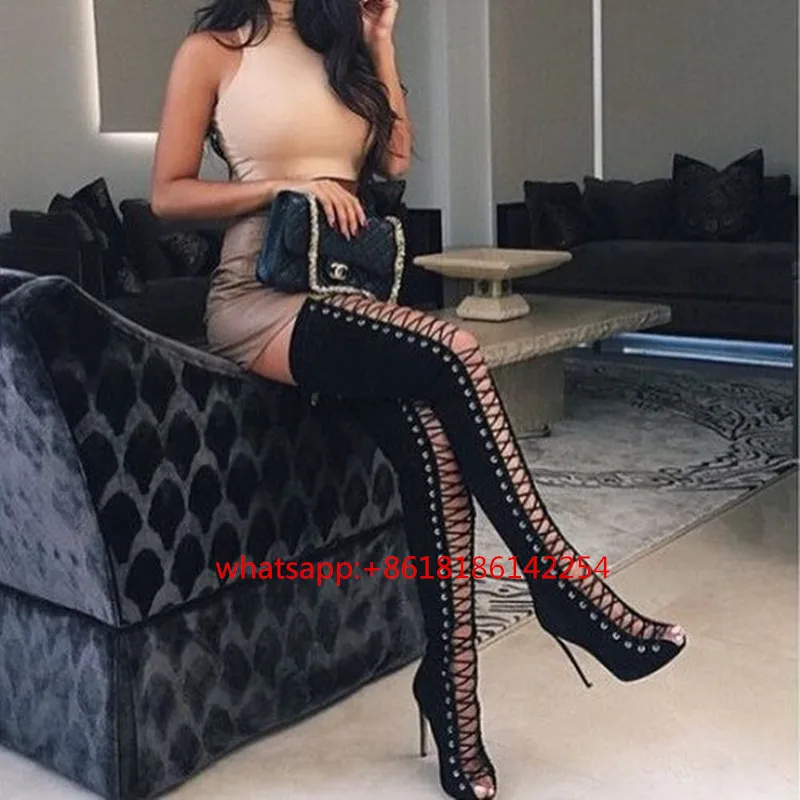 

2016 New Arrivals Hot Sale Super Star's High Tube Sandals Over the Knee Vintage Roman Boots Ladies Sexy Hollow Peep-toe Boots