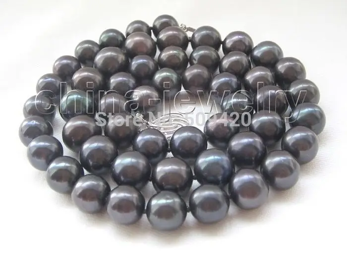 

~~ W&O658>>AAA+ 18" 12mm black round freshwater pearl necklace -925 silver