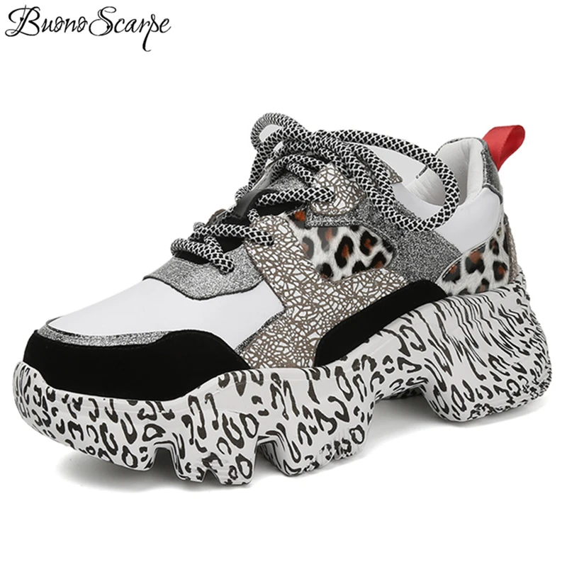 

Leopard Platform Women Sneakers Glitter Bling Lace Up Ladies Shoes Thick Sole Patchwork Girls Sneakers Animal Print Sneakers