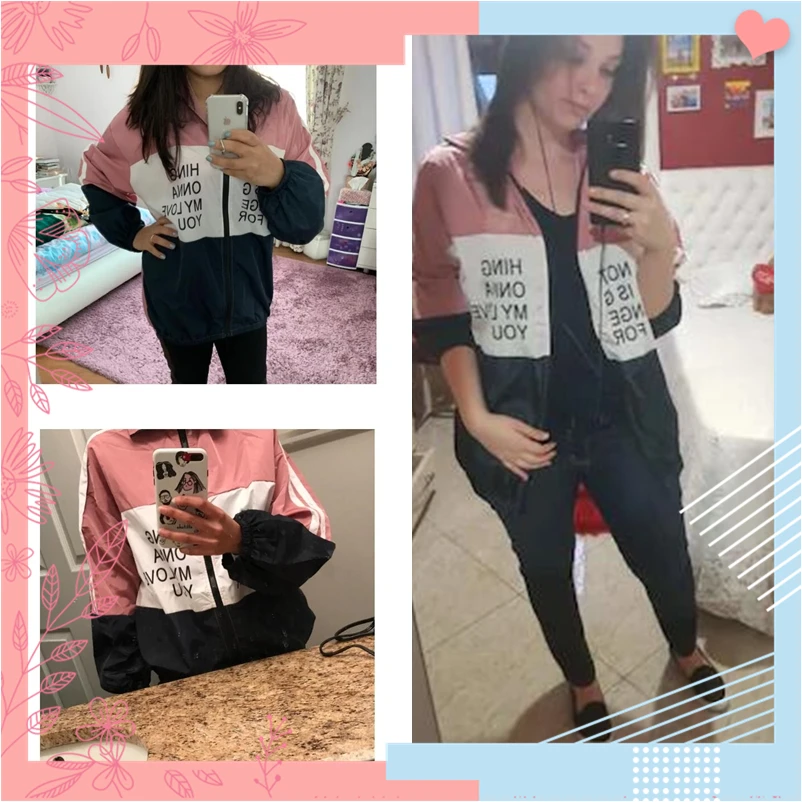 low cost Dotfashion Striped Letter Zip Up Color-Block Windbreaker Jacket Women 2019 Casual Streetwear Coat S