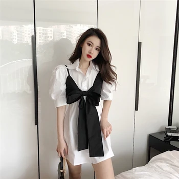 

CBAFU bowknot camis dress for women summer turn down collar single breasted mini shirts dresses a-line mini vestidos sexy P125