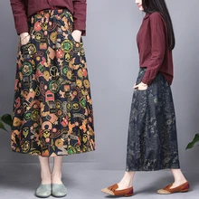 Весна, винтажные повседневные джинсовые юбки с высокой талией и принтом, Цветочные карманы, художественные длинные юбки в этническом стиле для женщин