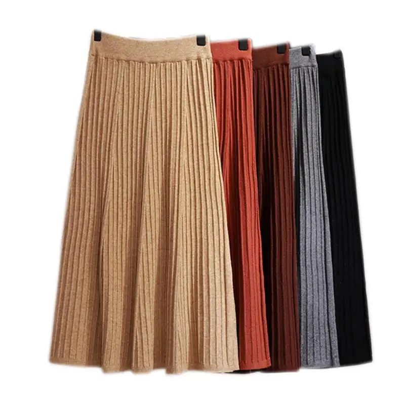 

2018 Women Autumn Winter Knitted Flower A-Line Skirt Female Slim Elastic High Waist Pleated Skirt Ladies Warm Midi Skirt SaiaV15