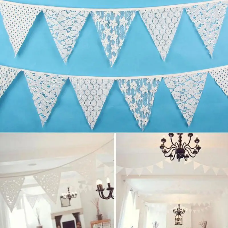 

Vintage Wedding Decoration Bunting Rustic Burlap Banner Lace White Fabric Pennant Garlands Party Supplies 3.2m 12 Flags