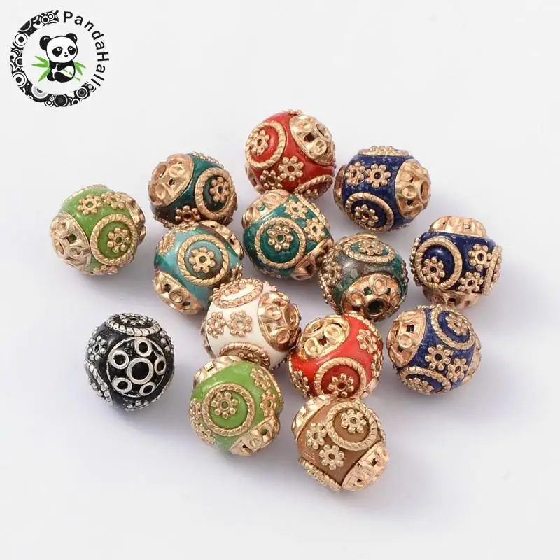 

100pcs Mixed Color Round Handmade Indonesia Beads for Jewelry Necklace Bracelet Making with Alloy Cores, 14~15x15mm, Hole: 2mm
