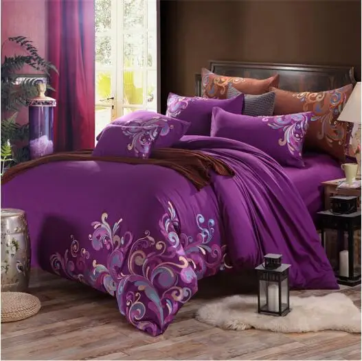 Purple plant embroidery Quality Queen/King size 4pcs 100 cotton