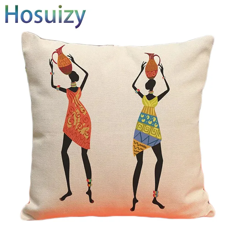 الأفريقية فتاة غطاء الوسادة 45*45 cm الكتان طباعة الشمال الديكور المنزل رث شيك رمي وسادة يغطي ل أريكة الجدول كرسي سيارة