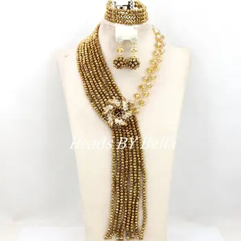 

New Design Nigerian Wedding Party Beads African Jewelry Set Gold Coffee Crystal Beads Women Costume Bridal Free Shipping ABY784