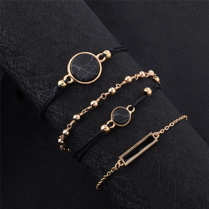 LETAPI 4 pcs/set Bohemia Rose Gold Color Black Stone Bracelet Set Fashion Jewelry for Woman Dropshipping