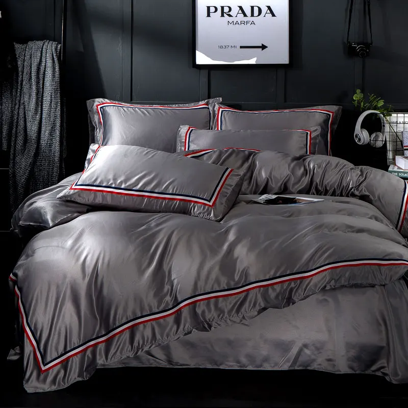 

Luxury Washed Silk Solid Colour Ribbon Bedding Set Silky Smooth Duvet cover set Bed Sheet Pillowcases Queen King size 4pcs