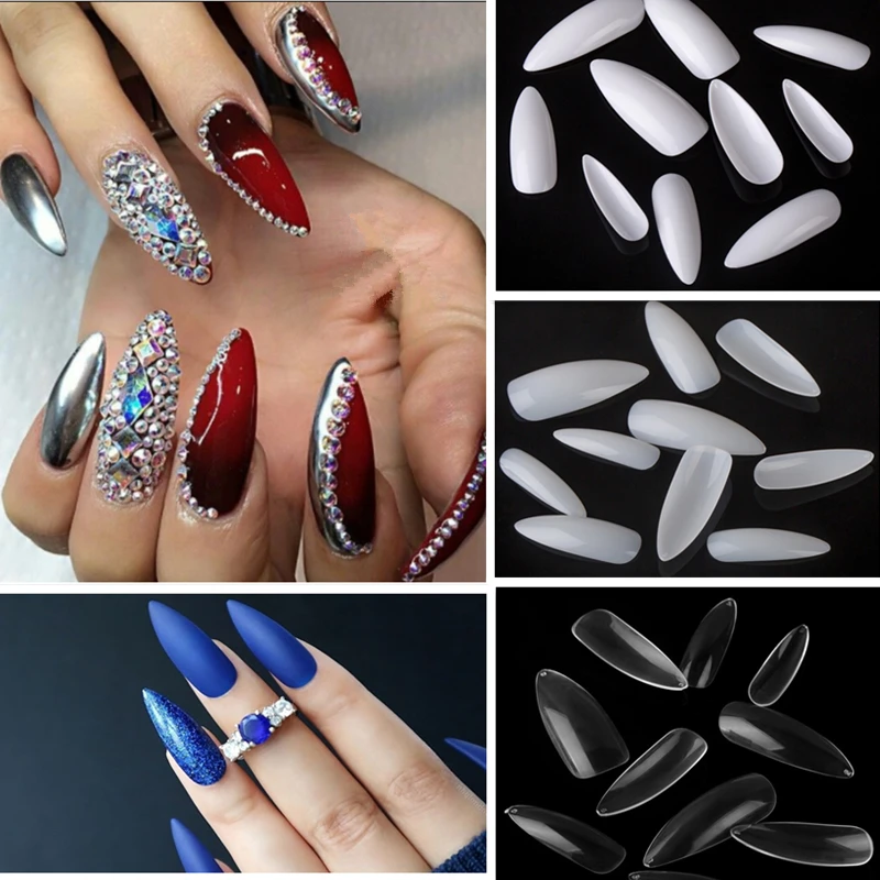 

Lamemoria 500pcs Long Stilettos Sharp Fake Nail Art Acrylic False Nail Tips Full Cover White Clear Natural Nail Salon Manicure