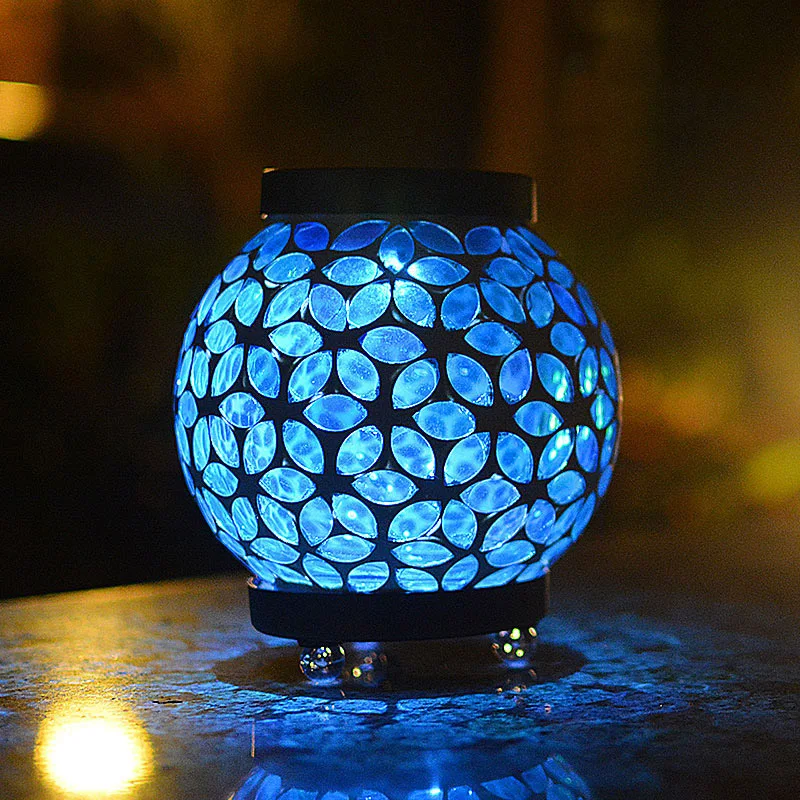 Night Light Fairy LED Flower Blue Mosaic Glass Ball Solar Power