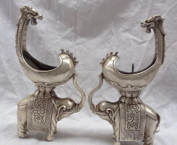 

JP S0114 8" Chinese Silver Dragon Ride Elephant Statue Bronze Candle Stick Holder Pair Discount 35%