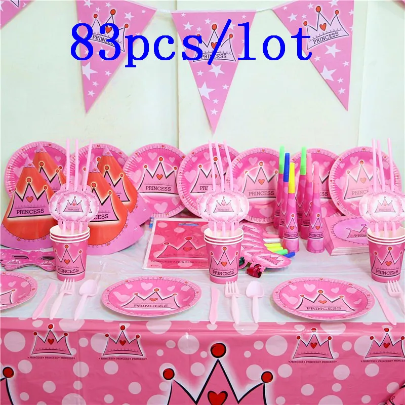 

Pink Crown Princess Theme 83Pcs Birthday Party Paper Plates Banners Hat Kids Birthday Party Favors Plates Cups Party Supplies