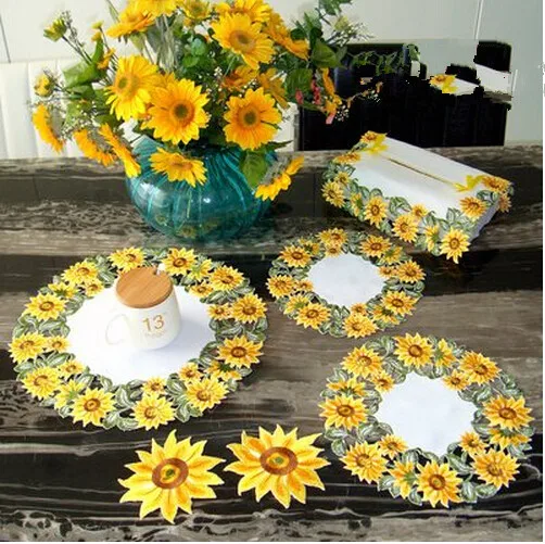 

Embroidery tablecloth traycloth simple pastoral hollow table napkin golden sunflower cover towels