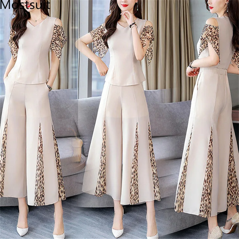 

Summer Leopard Print 2 Piece Sets Women Plus Size Short Sleeve Tops And Wide Leg Pants Suits Casual Office Elegant Women's Sets