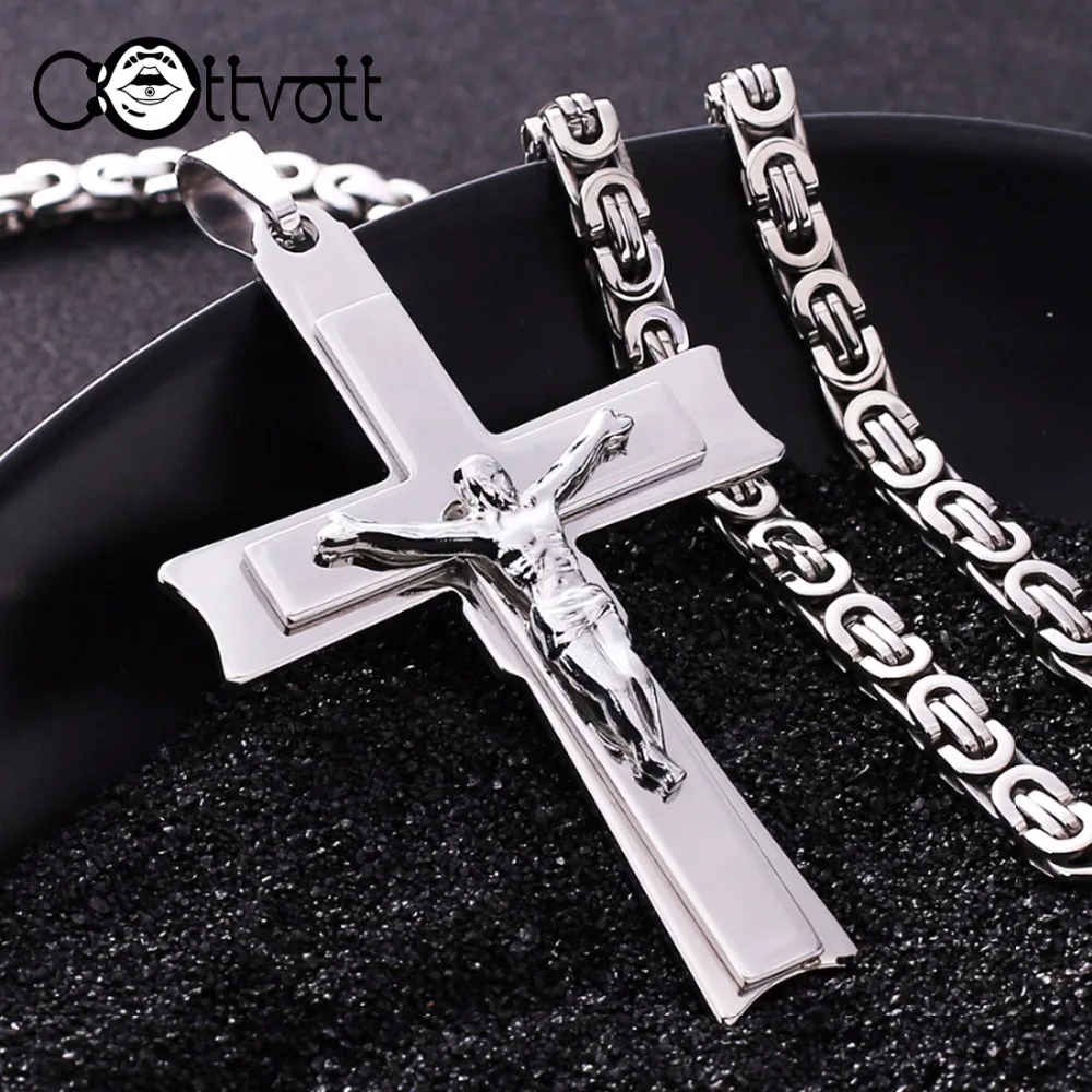 

Simple Pendant Necklace Charm Large Big Jesus Cross Heavy Men Stainless Steel 6mm Gothic Long Link Byzantine Chain Colar MN57
