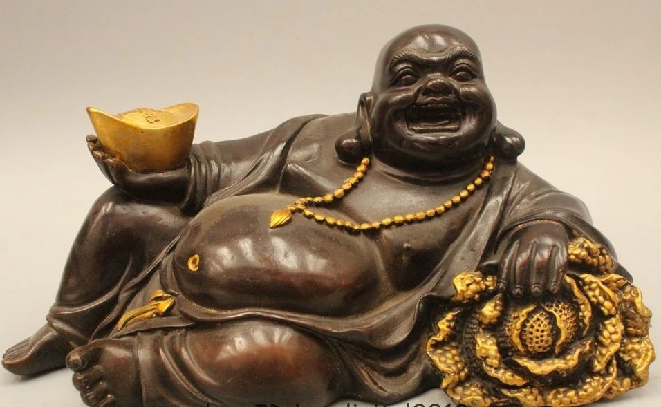 

6" Chinese Bronze Money Yuanbao Happy Laugh Maitreya Buddha cabbage Wealth
