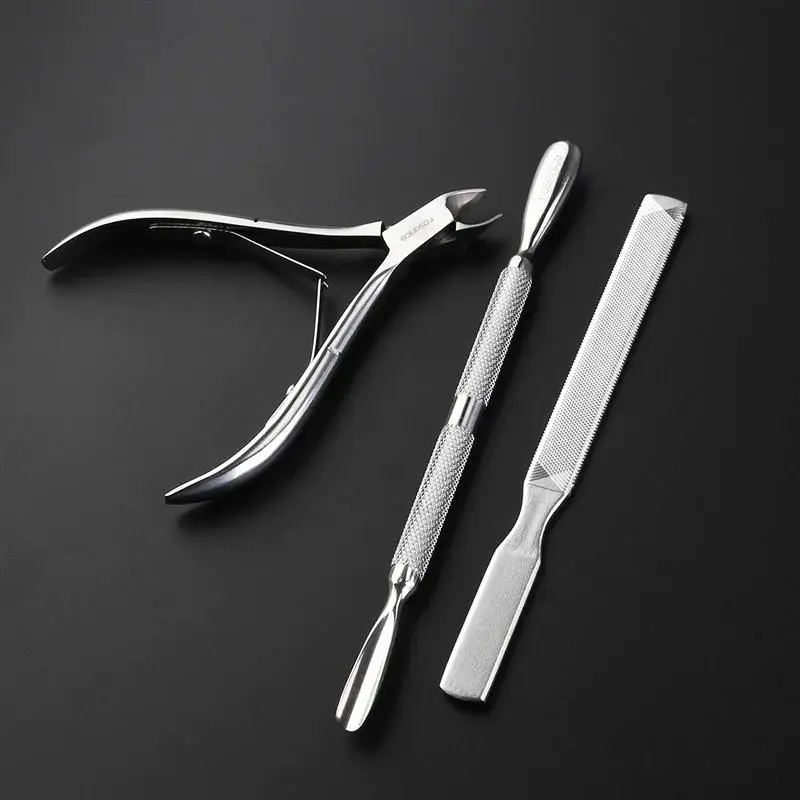 3pcs Silver Cuticle Cutter Trimmer Kit Nail Pusher File Stainless Steel