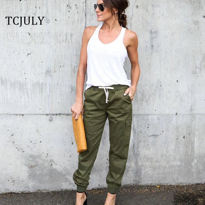 

TCJULY Fashion Solid Cargo Pants Loose Casual Classic Women's Pants With Many Pockets Ankle Length Pants Knitted Tie Up Trousers
